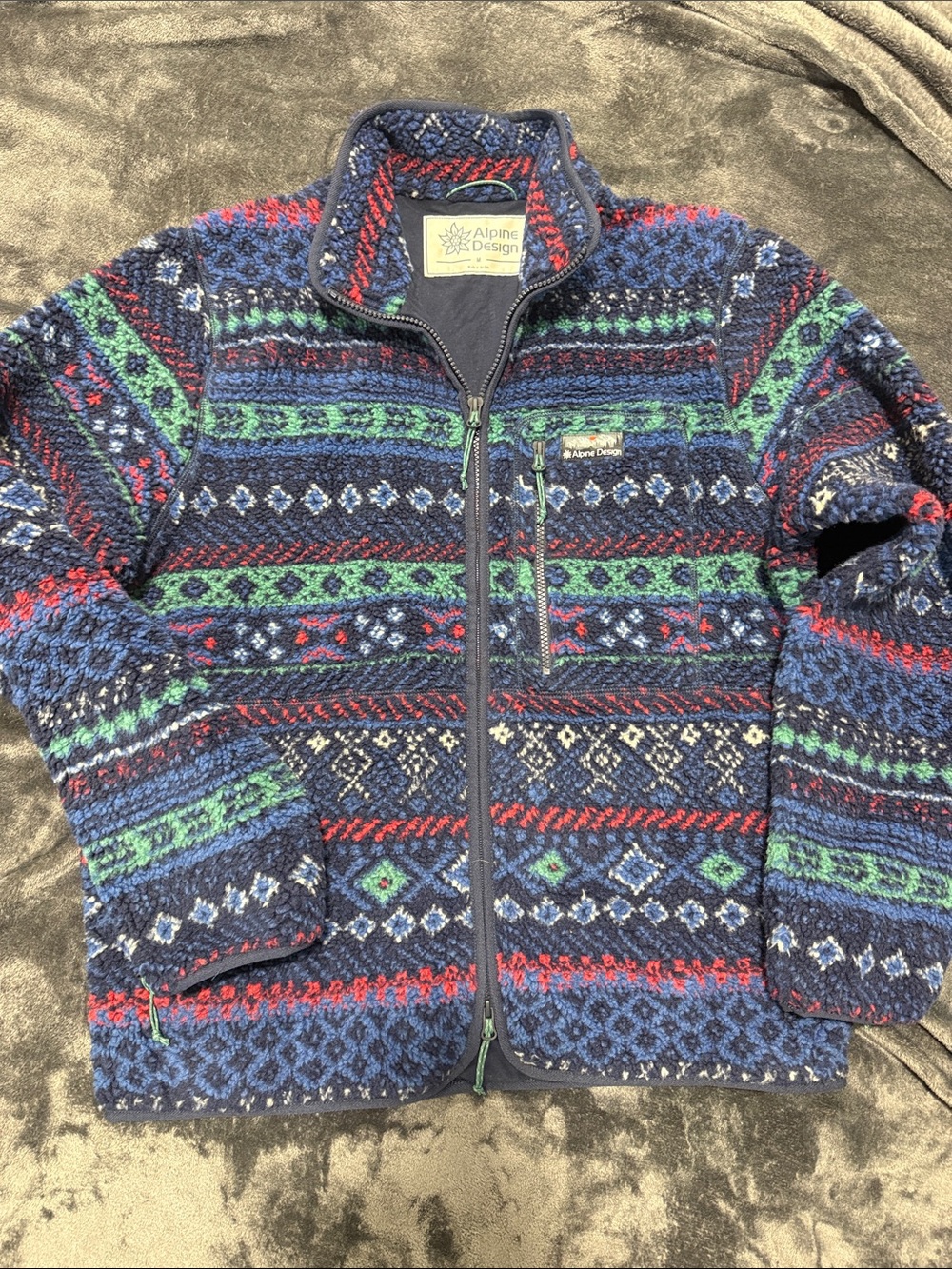 Alpine Design Navy Fair Isle Zip-Up Sweater Jacket with Red & Green Accents